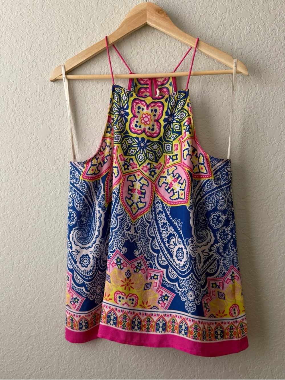 Sweet Wanderer Pink Blue Yellow Paisley Tank with Spaghetti Straps